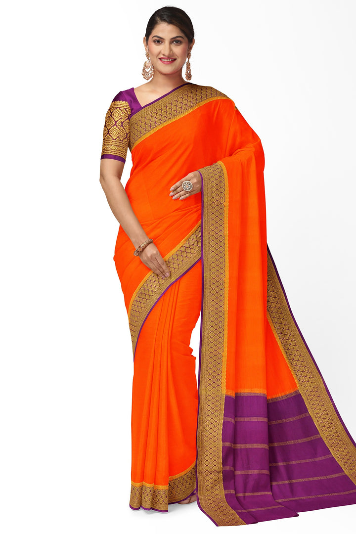 Orange Pure Mysore Crepe Silk Saree | SILK MARK CERTIFIED