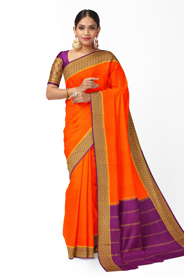 Orange Pure Mysore Crepe Silk Saree | SILK MARK CERTIFIED