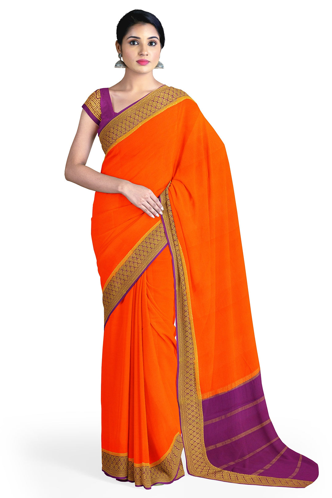 Orange Pure Mysore Crepe Silk Saree | SILK MARK CERTIFIED