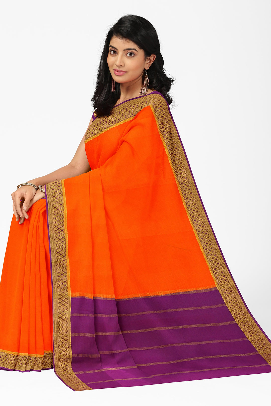 Orange Pure Mysore Crepe Silk Saree | SILK MARK CERTIFIED