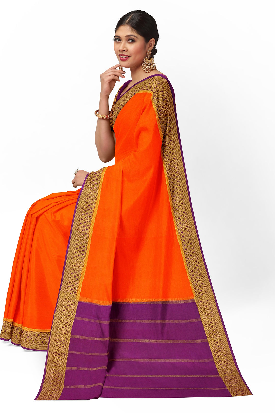 Orange Pure Mysore Crepe Silk Saree | SILK MARK CERTIFIED