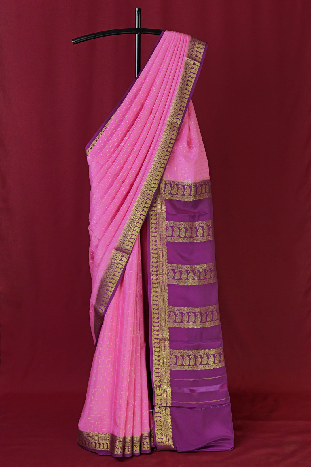 PURE MYSORE SILK SAREE IN PINK & PLUM COLOR WITH GOLD LACE ZARI & PLUM BLOUSE