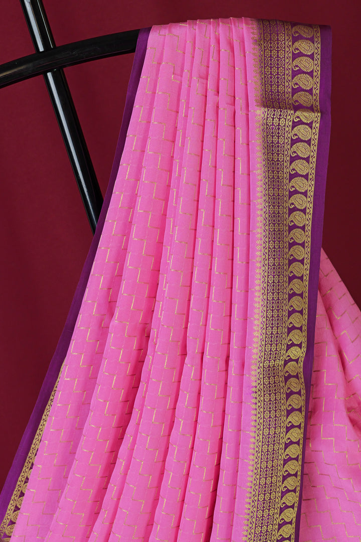 PURE MYSORE SILK SAREE IN PINK & PLUM COLOR WITH GOLD LACE ZARI & PLUM BLOUSE