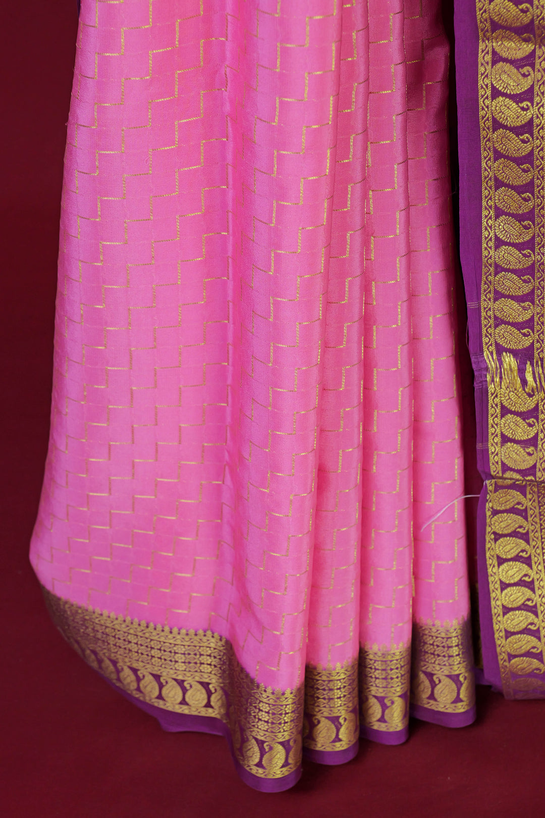 PURE MYSORE SILK SAREE IN PINK & PLUM COLOR WITH GOLD LACE ZARI & PLUM BLOUSE