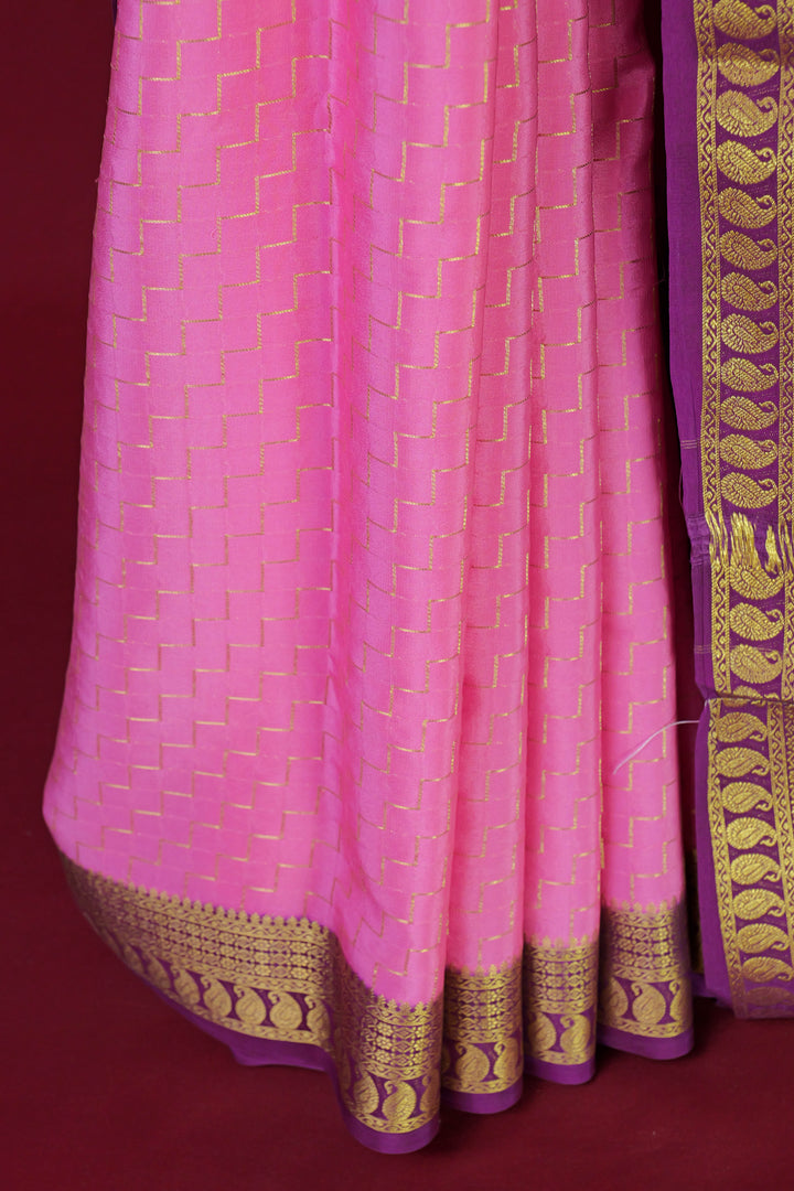 PURE MYSORE SILK SAREE IN PINK & PLUM COLOR WITH GOLD LACE ZARI & PLUM BLOUSE