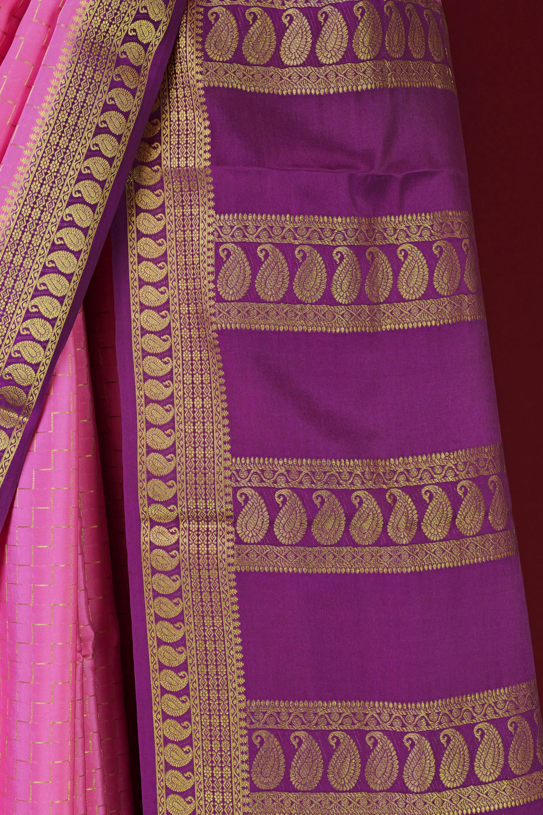 PURE MYSORE SILK SAREE IN PINK & PLUM COLOR WITH GOLD LACE ZARI & PLUM BLOUSE