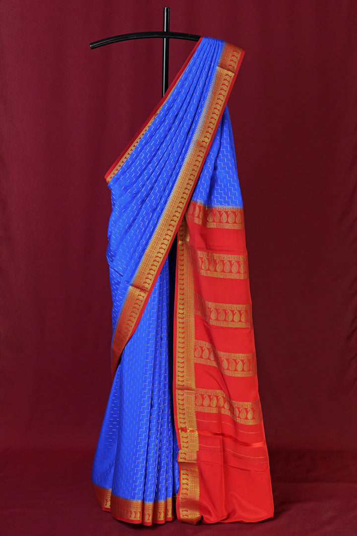 PURE MYSORE SILK SAREE IN ROYAL BLUE & RED WITH GOLD LACE ZARI & RED BLOUSE