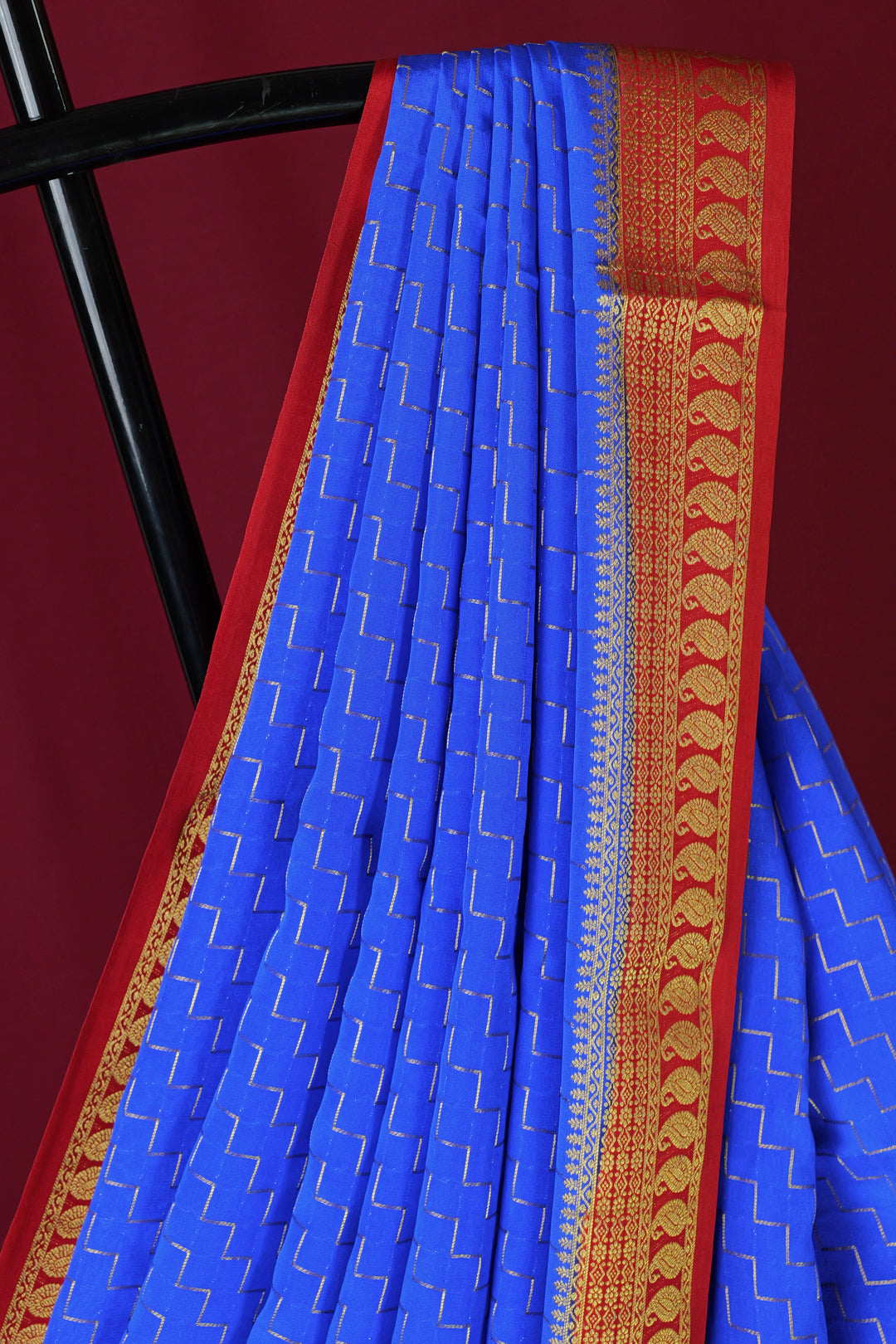 PURE MYSORE SILK SAREE IN ROYAL BLUE & RED WITH GOLD LACE ZARI & RED BLOUSE