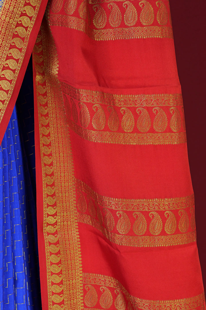 PURE MYSORE SILK SAREE IN ROYAL BLUE & RED WITH GOLD LACE ZARI & RED BLOUSE