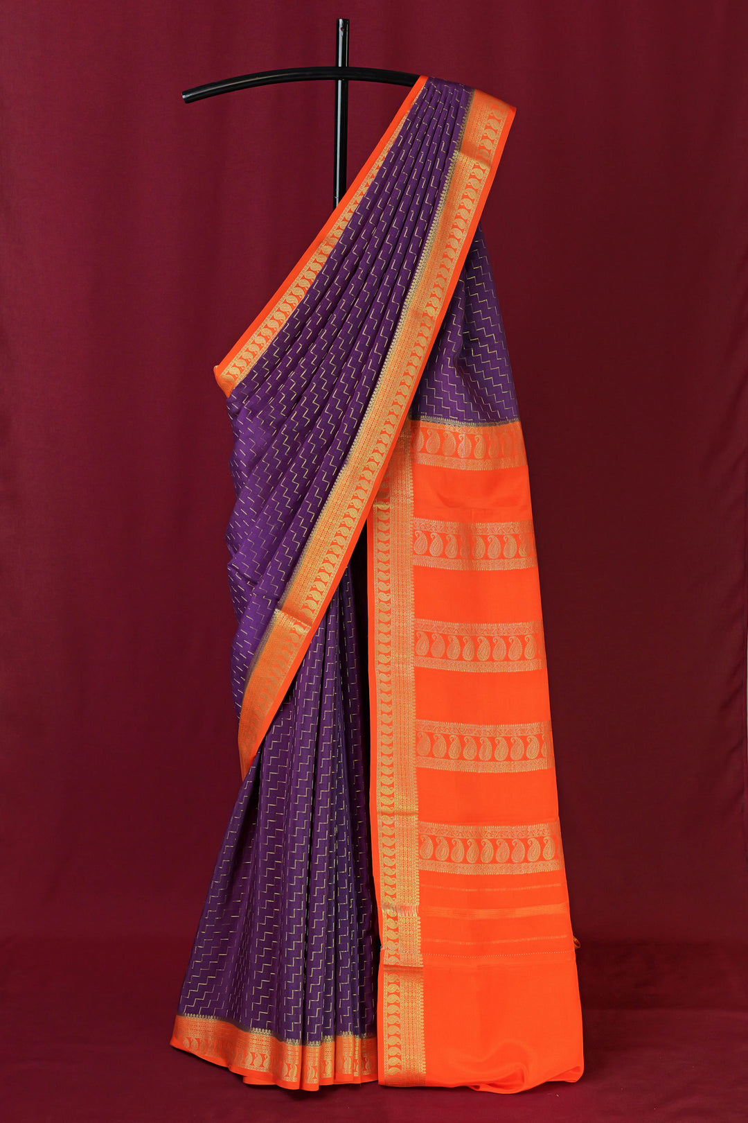 PURE MYSORE SILK SAREE IN WINE & ORANGE WITH GOLD RACE ZARI & ORANGE BLOUSE