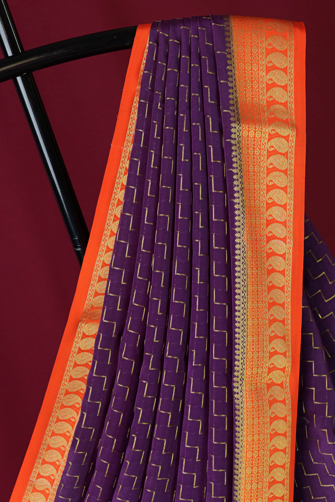 PURE MYSORE SILK SAREE IN WINE & ORANGE WITH GOLD RACE ZARI & ORANGE BLOUSE