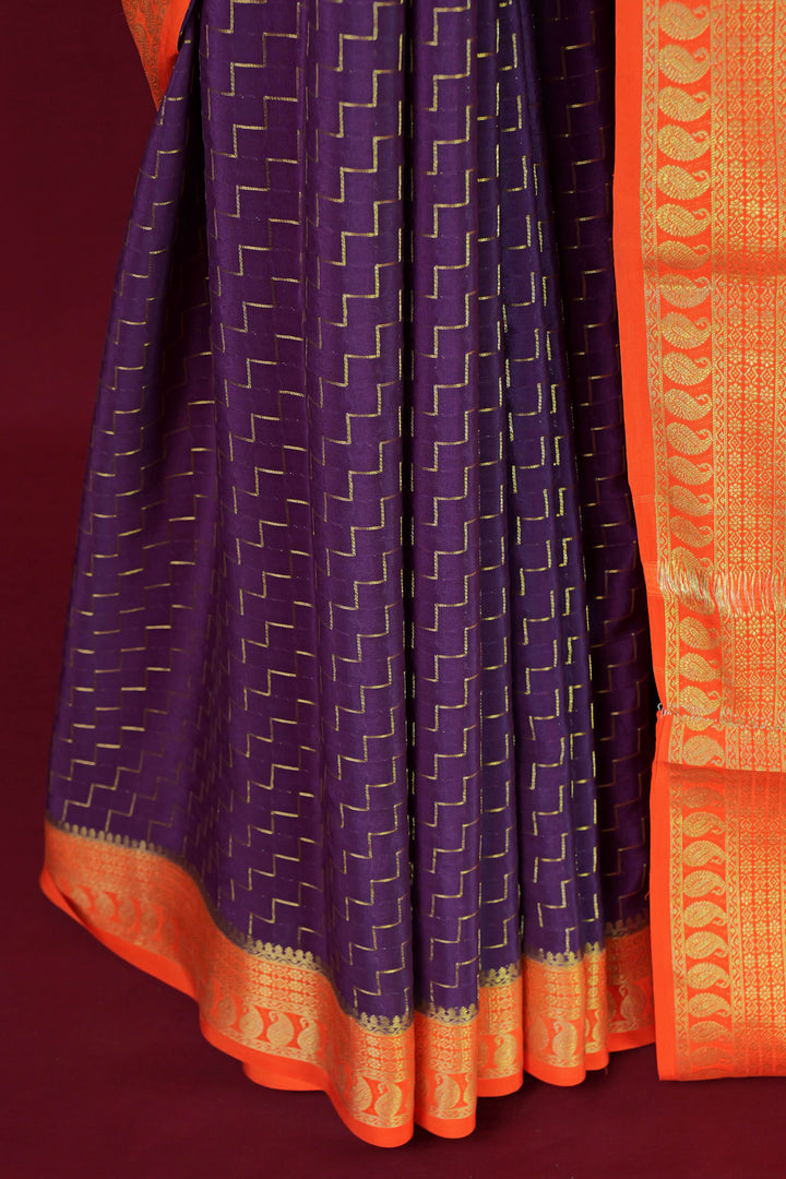 PURE MYSORE SILK SAREE IN WINE & ORANGE WITH GOLD RACE ZARI & ORANGE BLOUSE