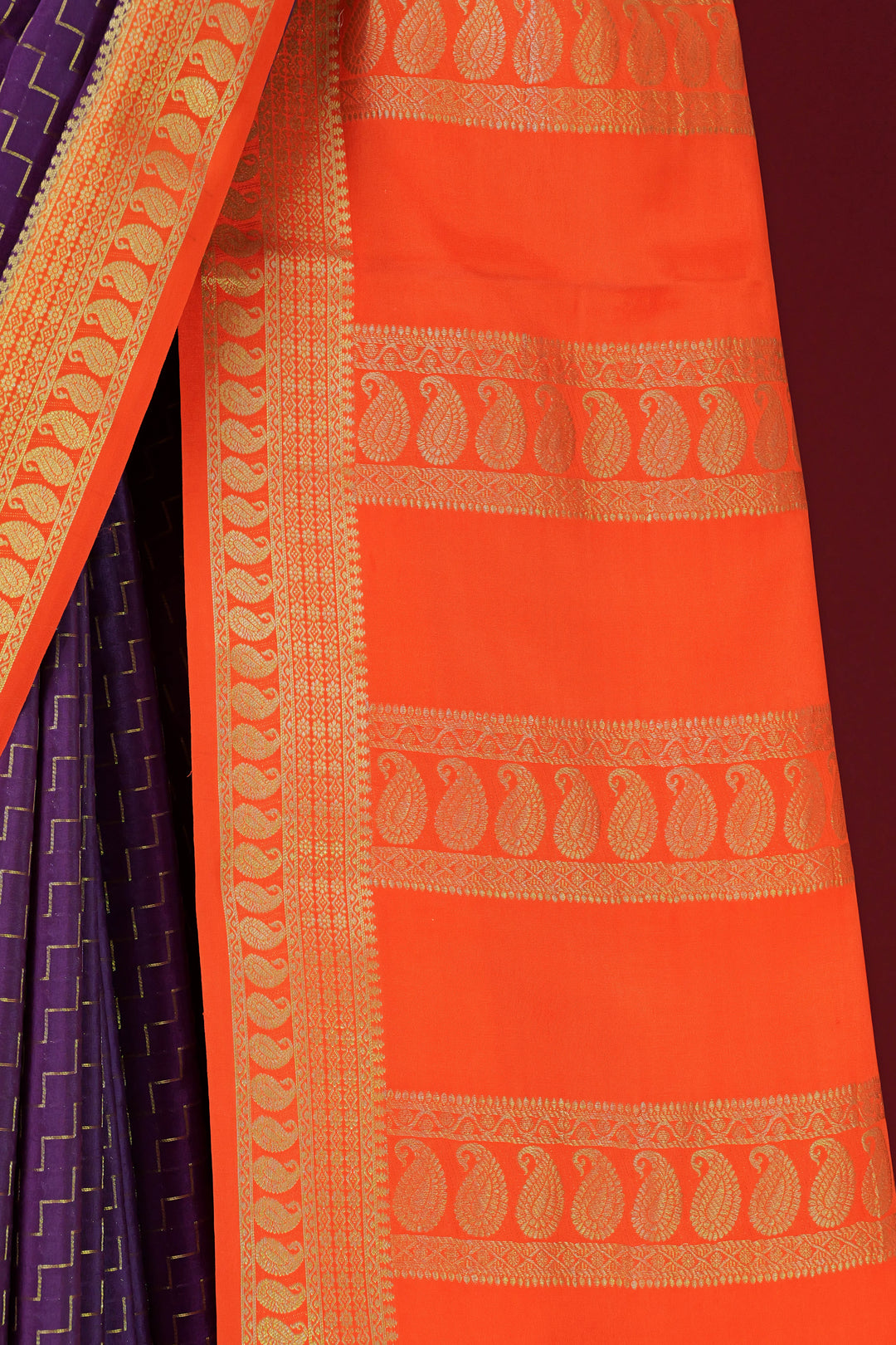 PURE MYSORE SILK SAREE IN WINE & ORANGE WITH GOLD RACE ZARI & ORANGE BLOUSE