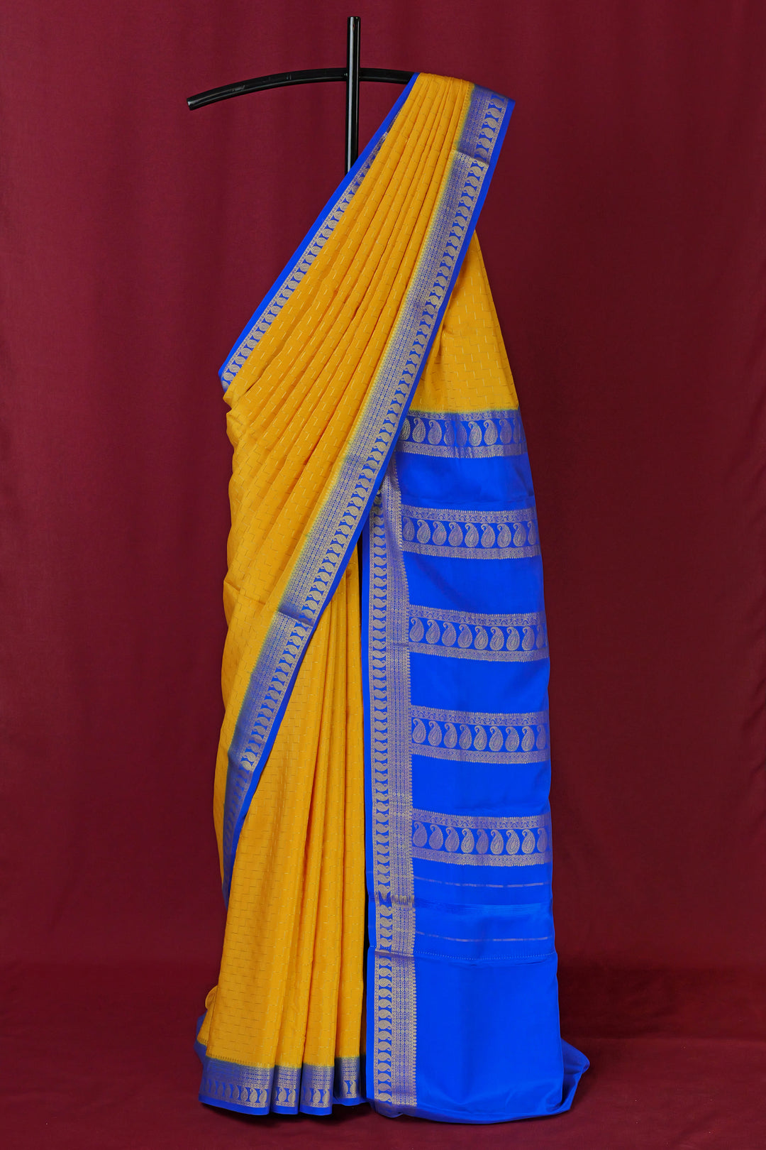 PURE MYSORE SILK SAREE IN MUSTARD & ROYAL BLUE WITH GOLD LACE ZARI & BLUE BLOUSE