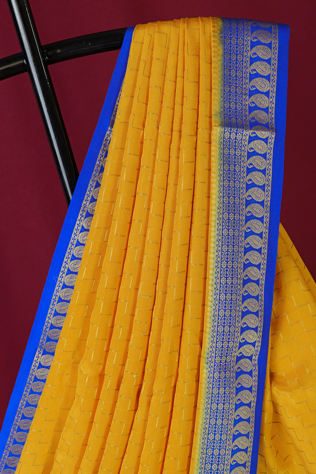 PURE MYSORE SILK SAREE IN MUSTARD & ROYAL BLUE WITH GOLD LACE ZARI & BLUE BLOUSE