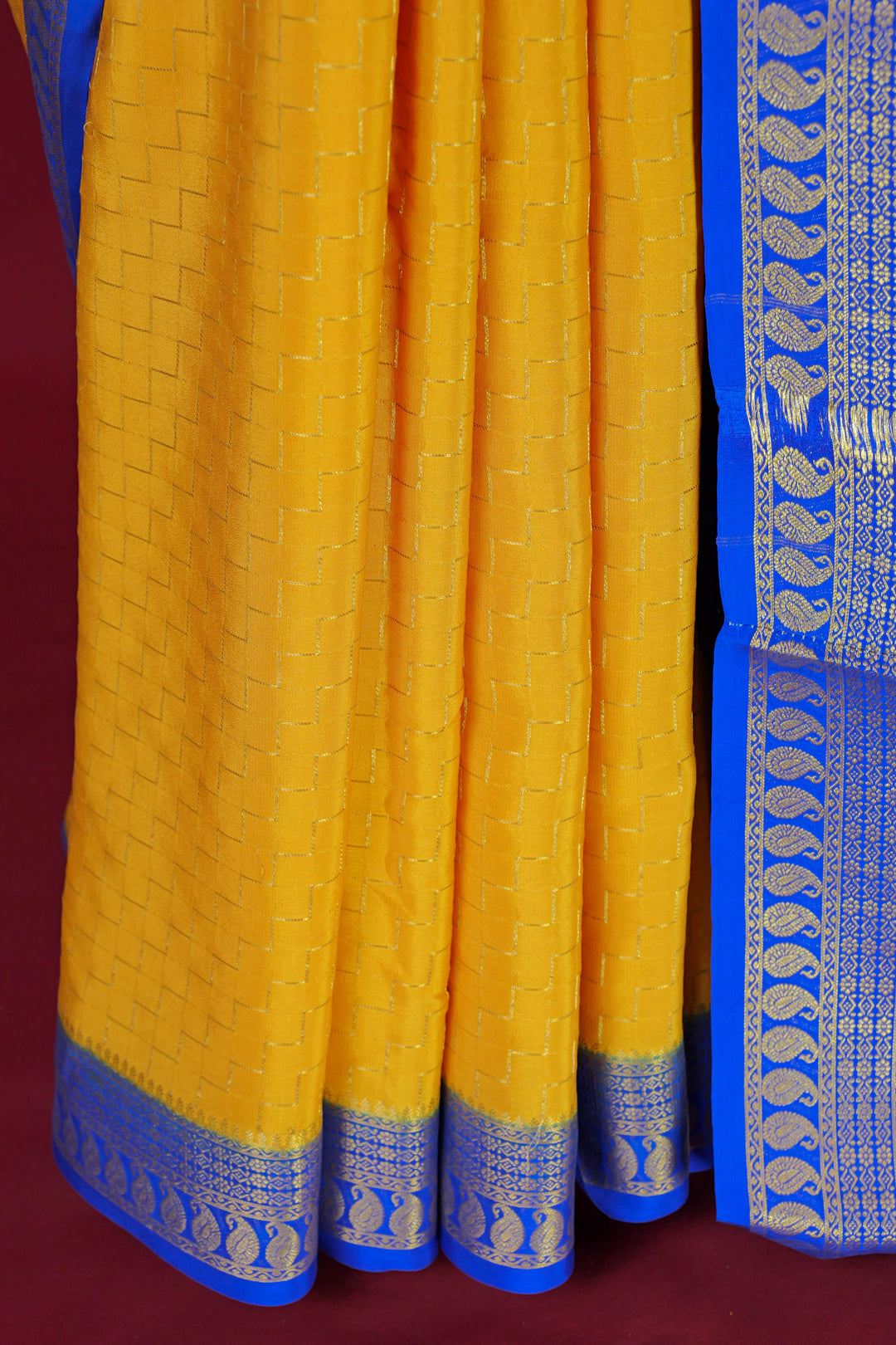 PURE MYSORE SILK SAREE IN MUSTARD & ROYAL BLUE WITH GOLD LACE ZARI & BLUE BLOUSE