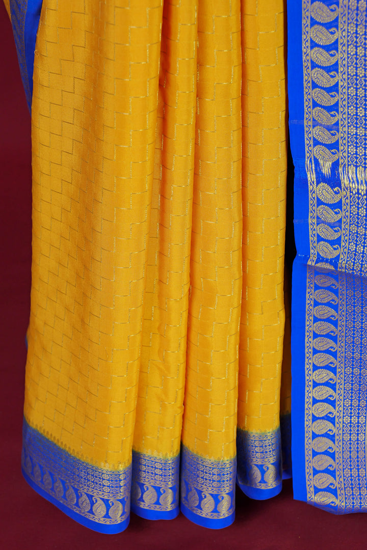 PURE MYSORE SILK SAREE IN MUSTARD & ROYAL BLUE WITH GOLD LACE ZARI & BLUE BLOUSE