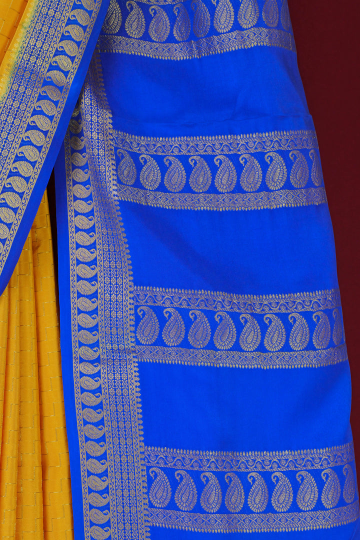 PURE MYSORE SILK SAREE IN MUSTARD & ROYAL BLUE WITH GOLD LACE ZARI & BLUE BLOUSE