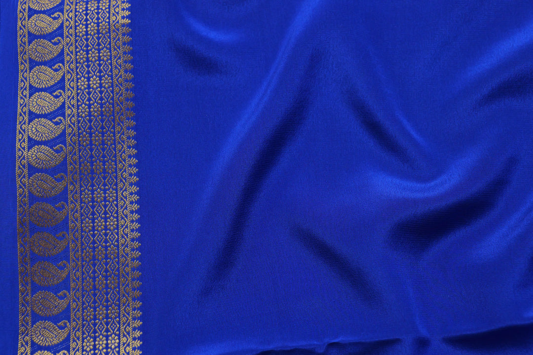 PURE MYSORE SILK SAREE IN MUSTARD & ROYAL BLUE WITH GOLD LACE ZARI & BLUE BLOUSE