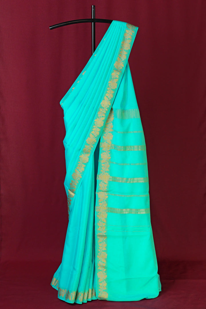 PURE MYSORE SILK SAREE IN SKYBLUE COLOR WITH GOLD LACE ZARI & SKY BLUE BLOUSE