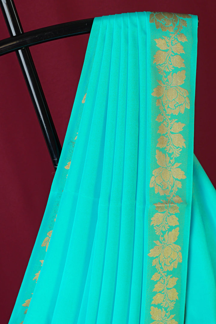 PURE MYSORE SILK SAREE IN SKYBLUE COLOR WITH GOLD LACE ZARI & SKY BLUE BLOUSE