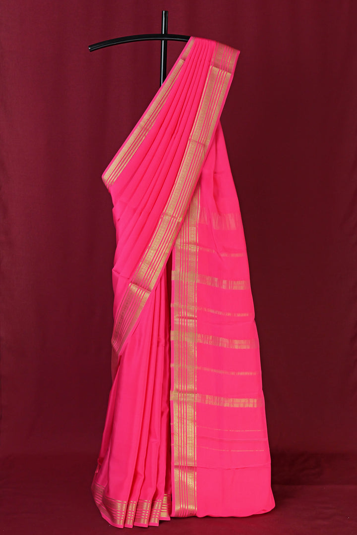 PURE MYSORE SILK SREE IN HOT PINK COLOR WITH GOLD LACE ZARI & PINK BLOUSE