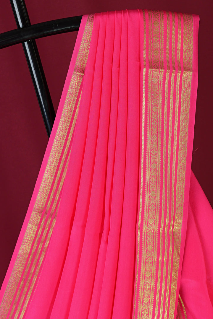 PURE MYSORE SILK SREE IN HOT PINK COLOR WITH GOLD LACE ZARI & PINK BLOUSE