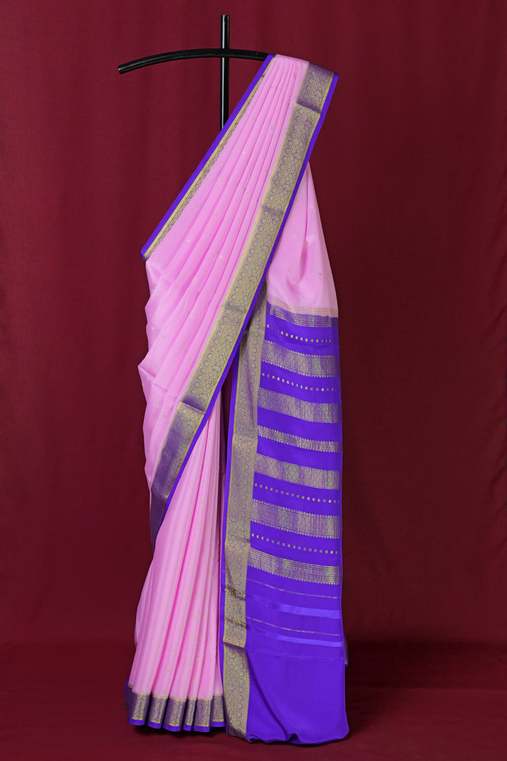 PURE MYSORE SILK SAREE IN BABY PINK & BLUE WITH GOLD LACE ZARI & BLUE BLOUSE