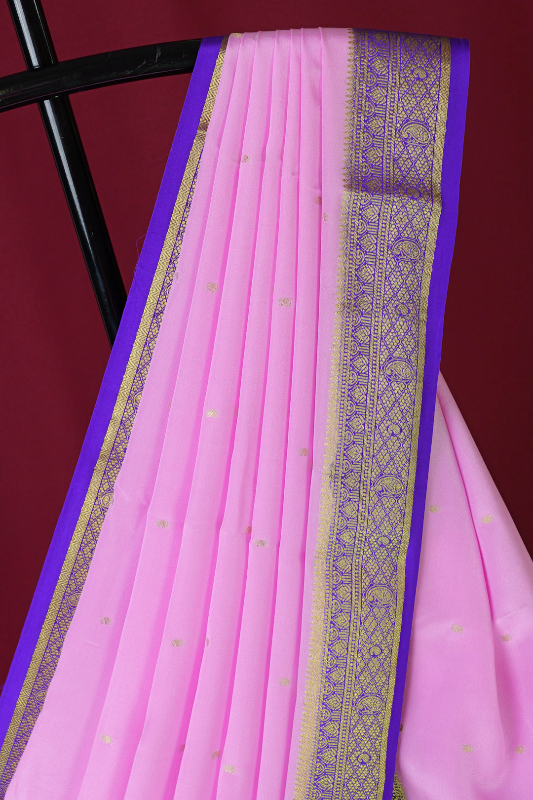 PURE MYSORE SILK SAREE IN BABY PINK & BLUE WITH GOLD LACE ZARI & BLUE BLOUSE