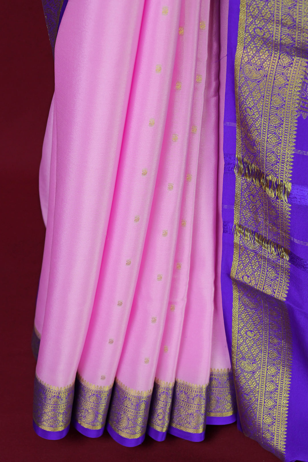 PURE MYSORE SILK SAREE IN BABY PINK & BLUE WITH GOLD LACE ZARI & BLUE BLOUSE