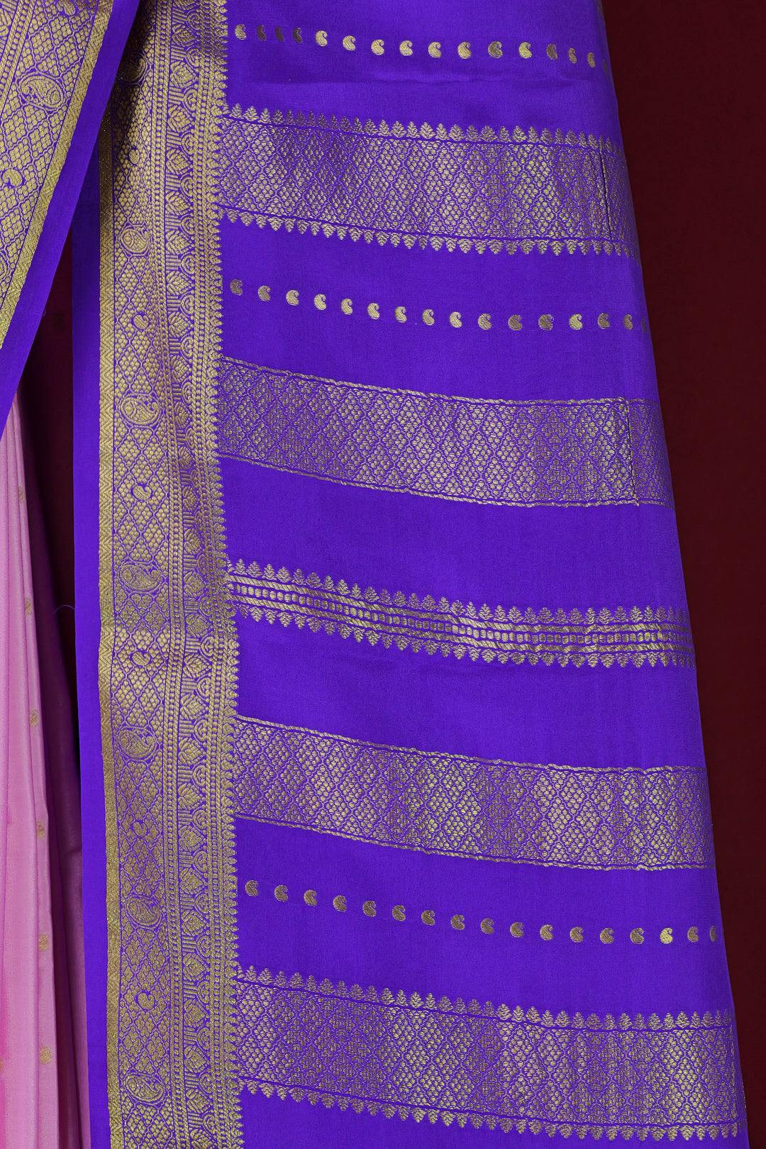 PURE MYSORE SILK SAREE IN BABY PINK & BLUE WITH GOLD LACE ZARI & BLUE BLOUSE