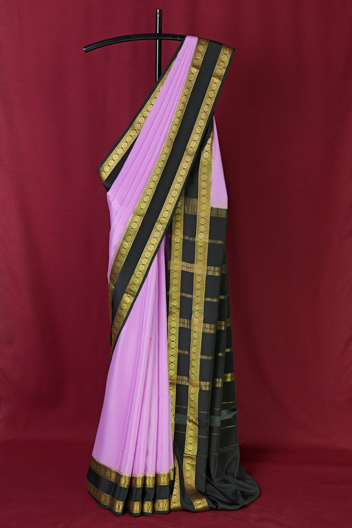 PURE MYSORE SILK SAREE IN LILAC & BLACK WITH GOLD LACE ZARI & BLACK BLOUSE