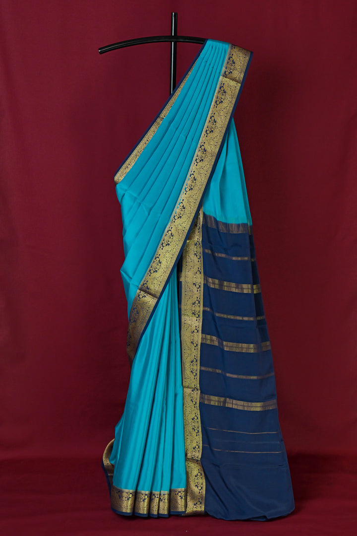 PURE MYSORE SILK SAREE IN CANNEL BLUE & NAVY BLUE  WITH GOLD LACE ZARI & NAVY BLUE BLOUSE