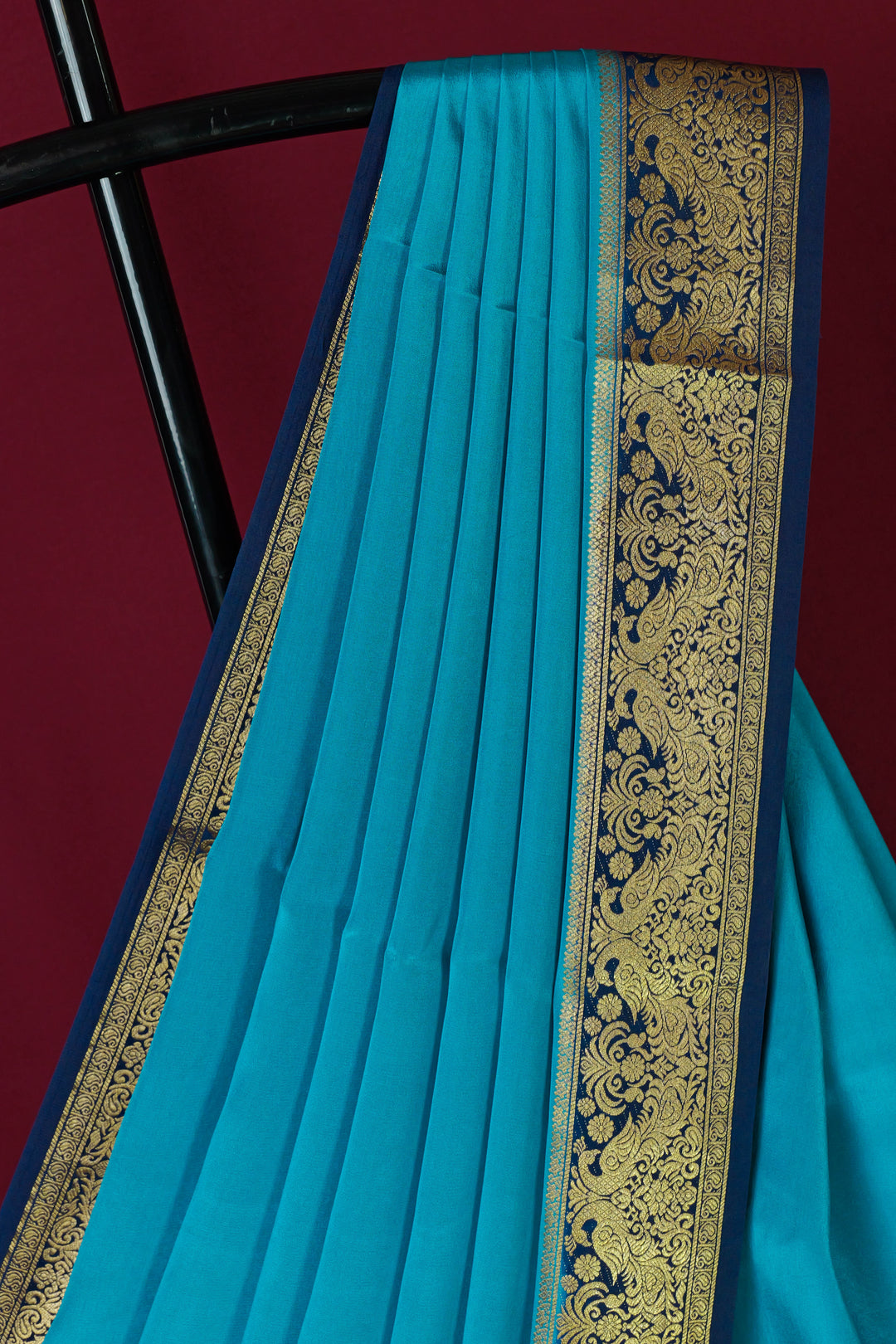 PURE MYSORE SILK SAREE IN CANNEL BLUE & NAVY BLUE  WITH GOLD LACE ZARI & NAVY BLUE BLOUSE