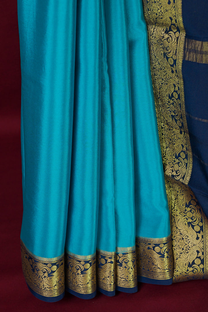 PURE MYSORE SILK SAREE IN CANNEL BLUE & NAVY BLUE  WITH GOLD LACE ZARI & NAVY BLUE BLOUSE