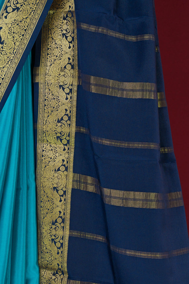 PURE MYSORE SILK SAREE IN CANNEL BLUE & NAVY BLUE  WITH GOLD LACE ZARI & NAVY BLUE BLOUSE