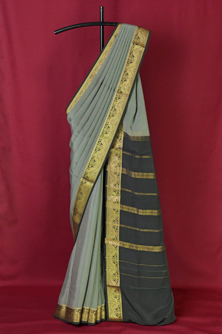 PURE MYSORE SILK SAREE IN GREY & BLACK WITH GOLD LACE ZARI & BLACK BLOUSE