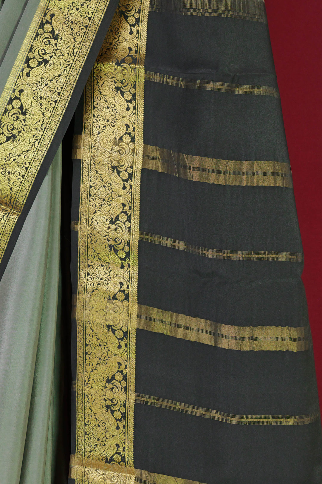 PURE MYSORE SILK SAREE IN GREY & BLACK WITH GOLD LACE ZARI & BLACK BLOUSE