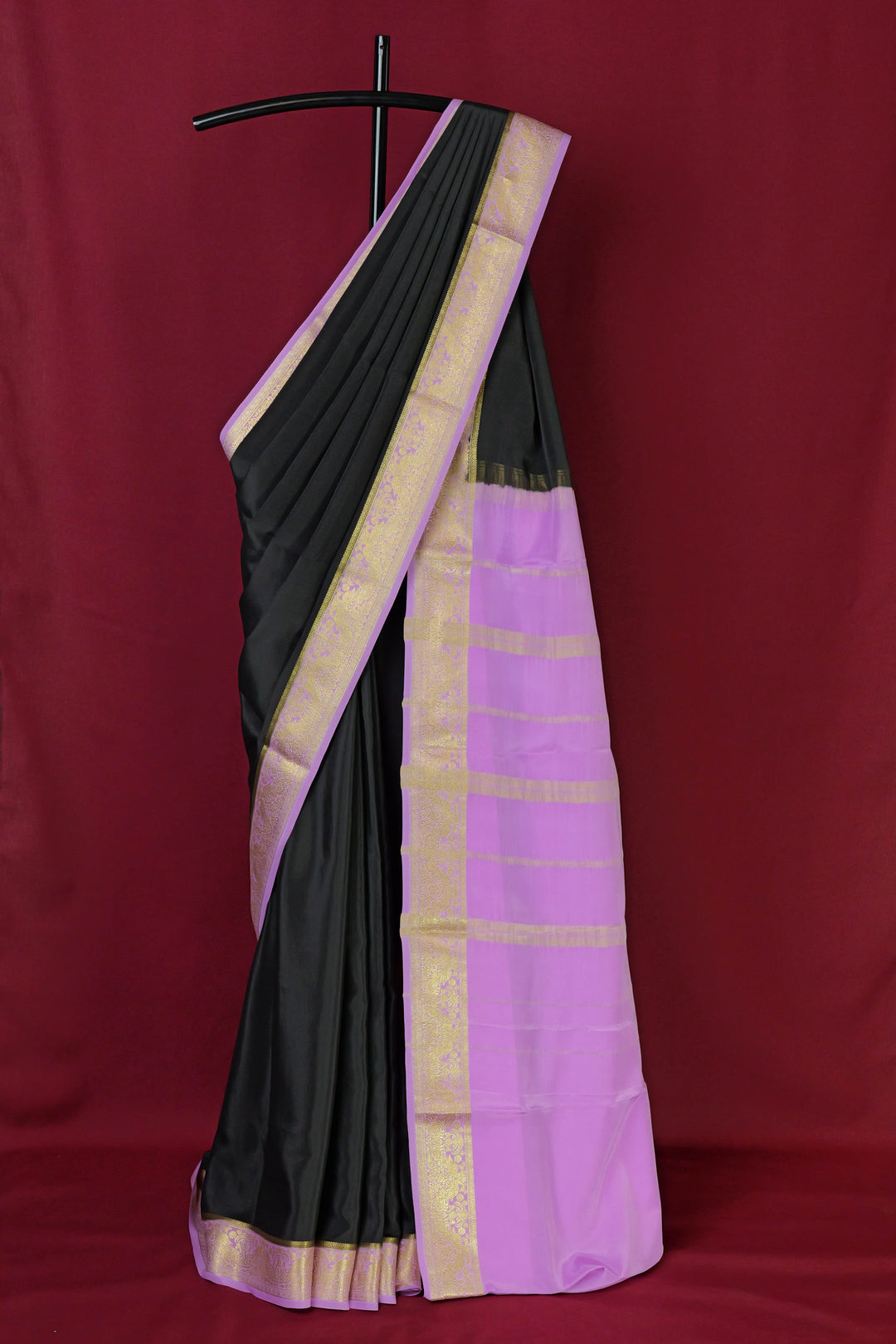 PURE MYSORE SILK SAREE IN BLACK & LILAC WITH GOLD LACE ZARI & LILAC BLOUSE