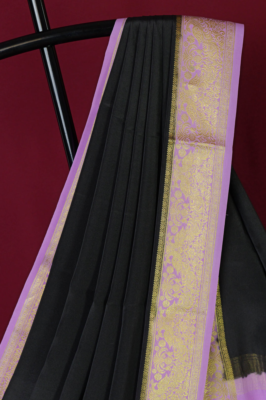 PURE MYSORE SILK SAREE IN BLACK & LILAC WITH GOLD LACE ZARI & LILAC BLOUSE