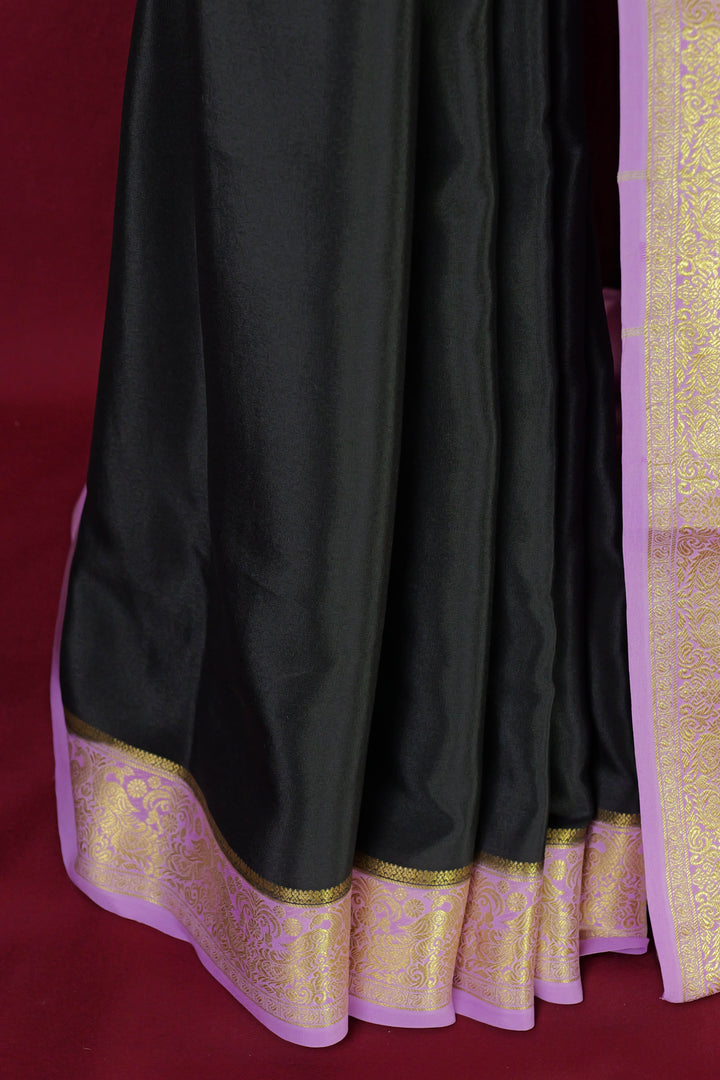 PURE MYSORE SILK SAREE IN BLACK & LILAC WITH GOLD LACE ZARI & LILAC BLOUSE