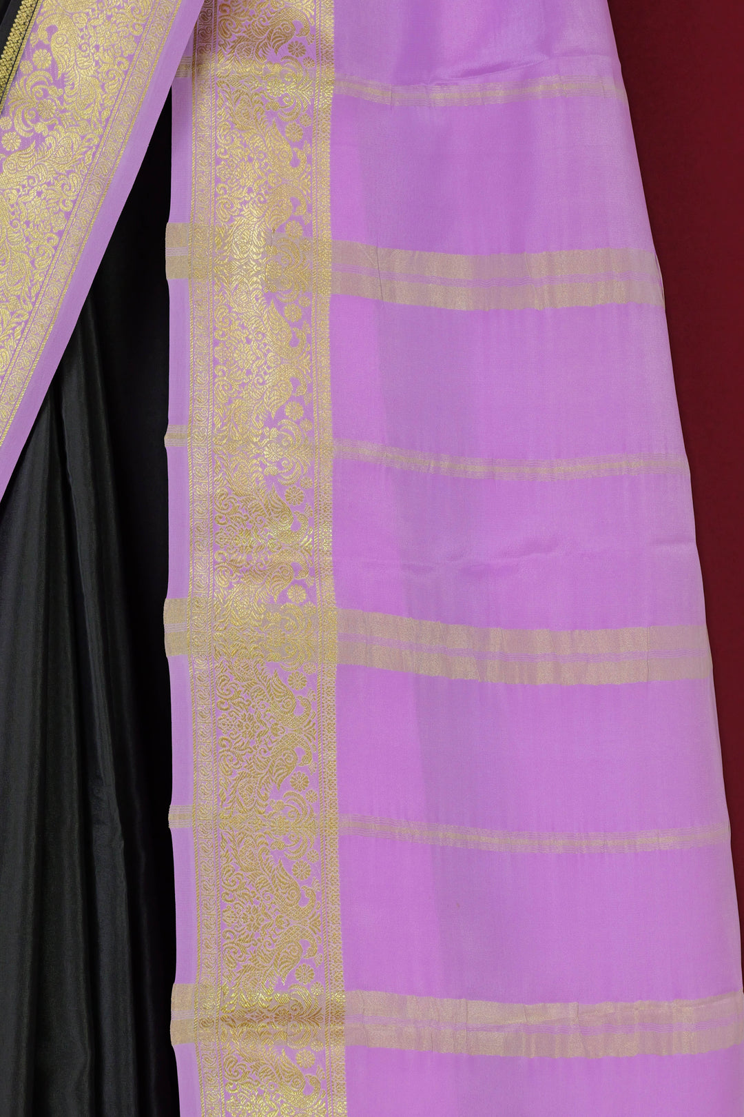 PURE MYSORE SILK SAREE IN BLACK & LILAC WITH GOLD LACE ZARI & LILAC BLOUSE