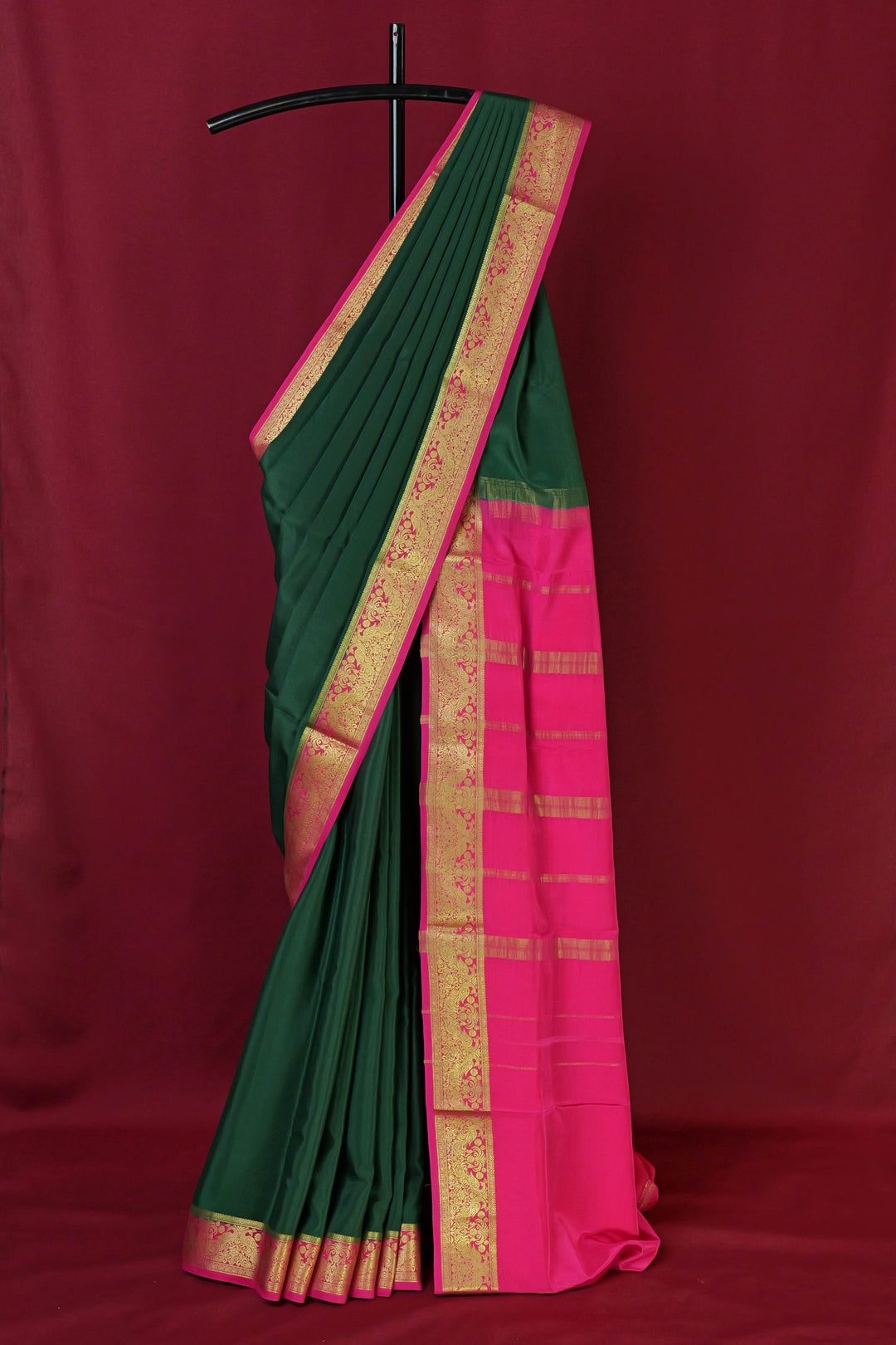 PURE MYSORE SILK SAREE IN BOTTLE GREEN & PINK WITH GOLD LACE ZARI & PINK BLOUSE