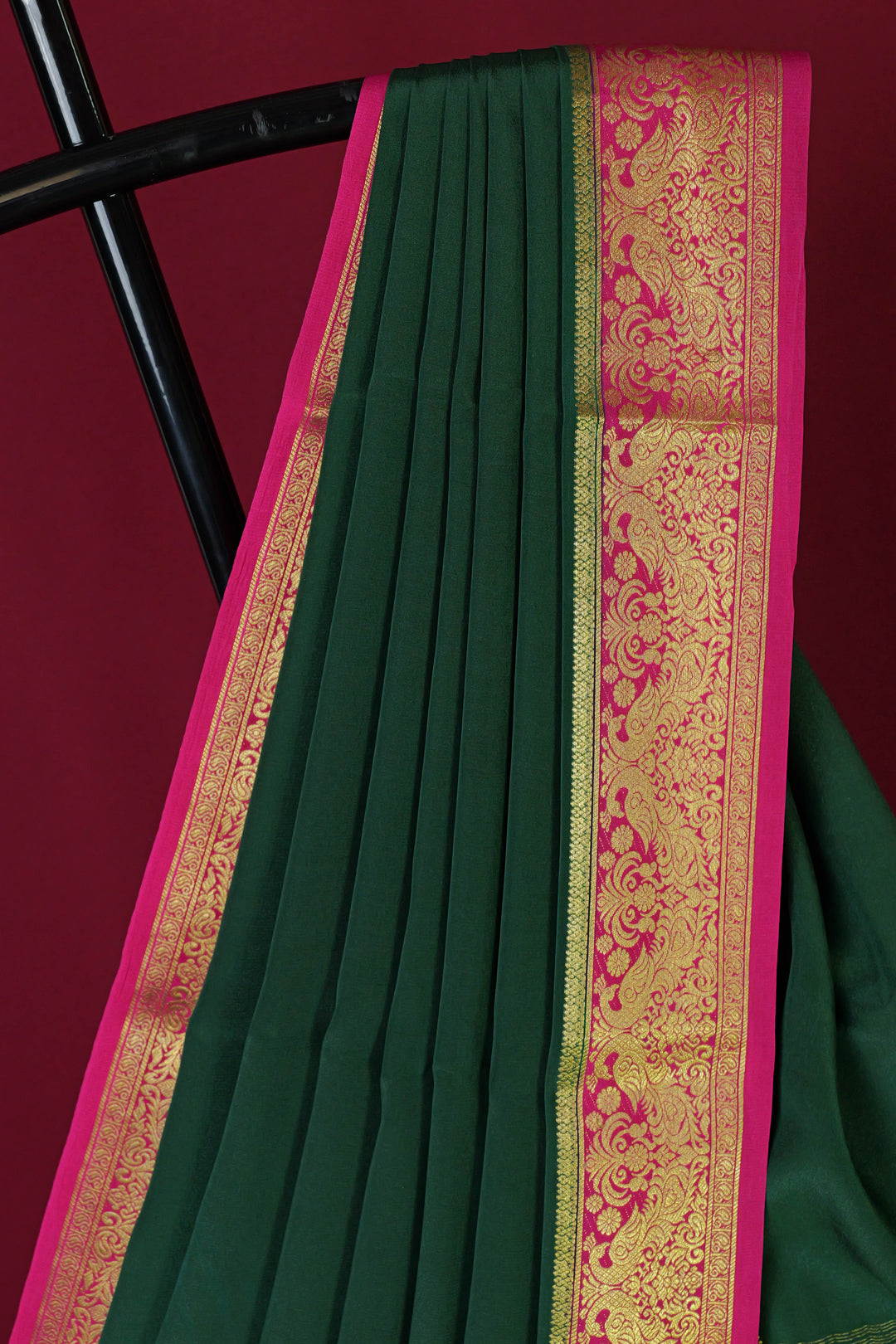 PURE MYSORE SILK SAREE IN BOTTLE GREEN & PINK WITH GOLD LACE ZARI & PINK BLOUSE