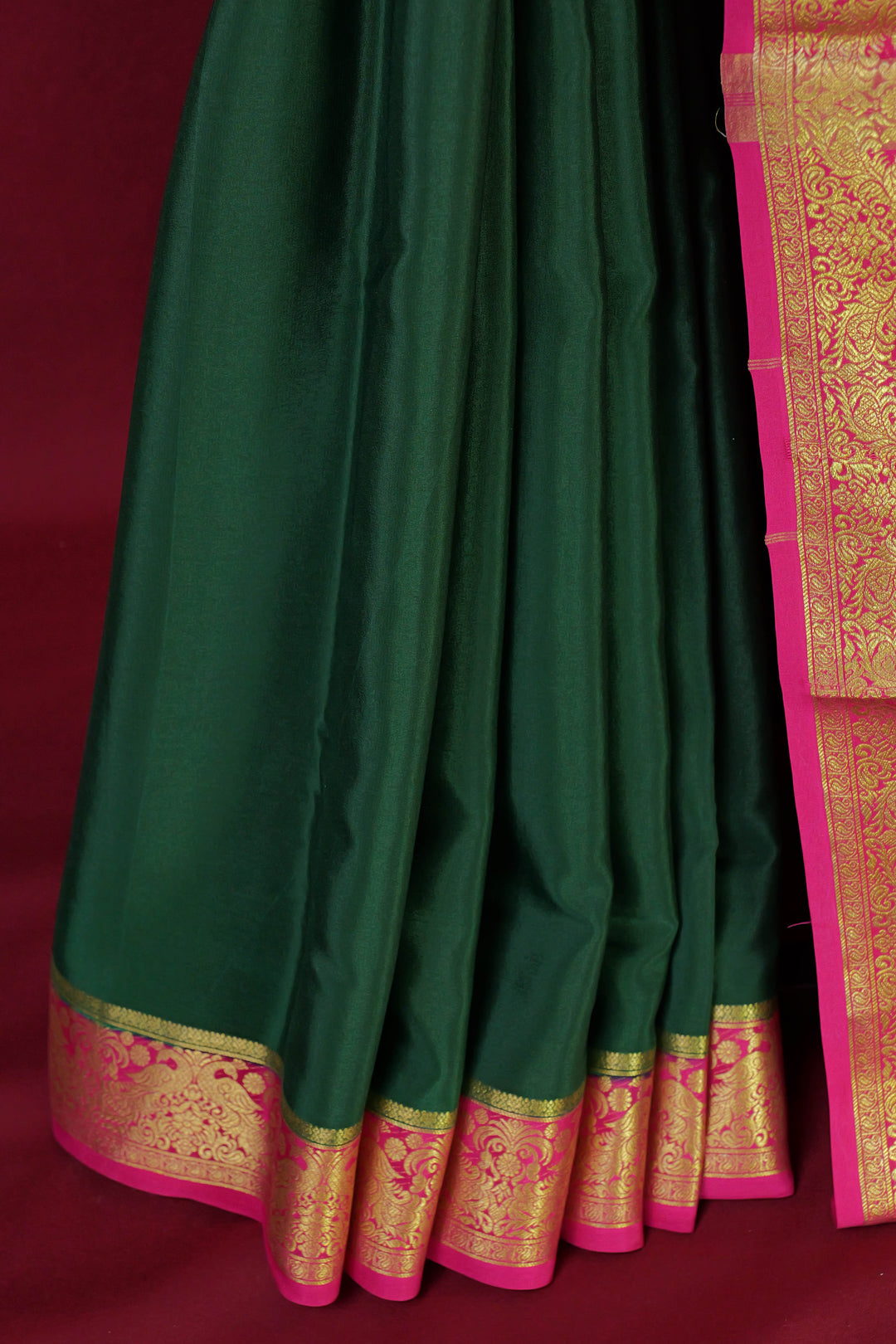 PURE MYSORE SILK SAREE IN BOTTLE GREEN & PINK WITH GOLD LACE ZARI & PINK BLOUSE