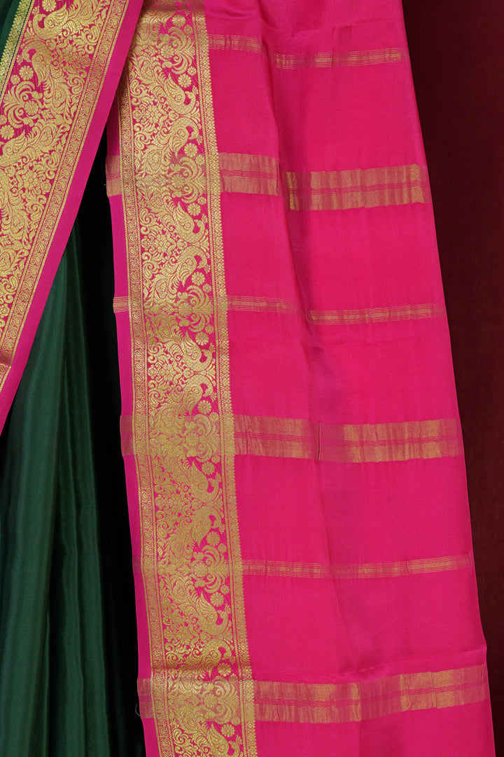 PURE MYSORE SILK SAREE IN BOTTLE GREEN & PINK WITH GOLD LACE ZARI & PINK BLOUSE