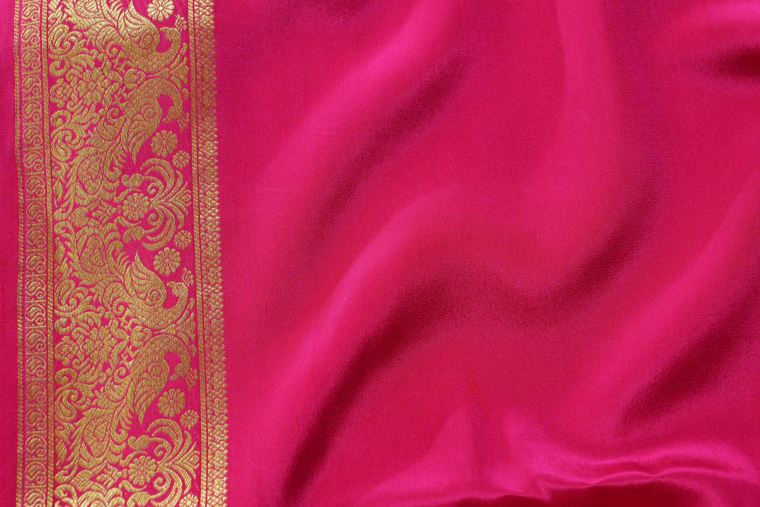 PURE MYSORE SILK SAREE IN BOTTLE GREEN & PINK WITH GOLD LACE ZARI & PINK BLOUSE