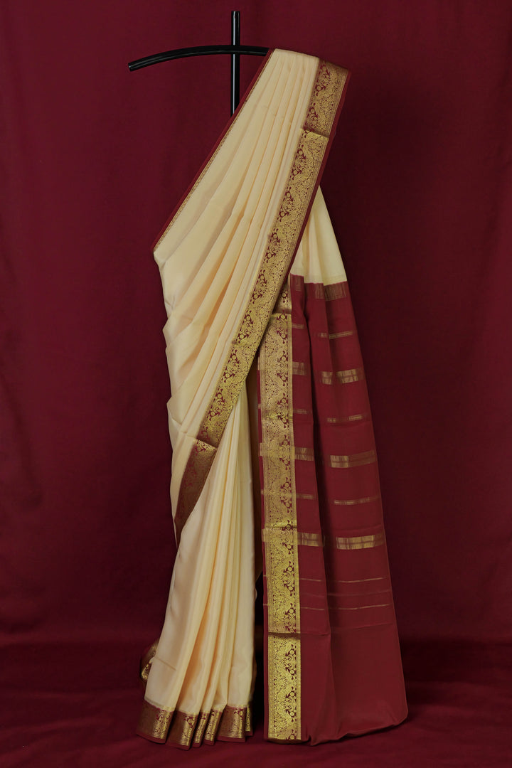 PURE MYSORE SILK SAREE IN CREAM & MAROON WITH GOLD LACE ZARI & MAROON BLOUSE