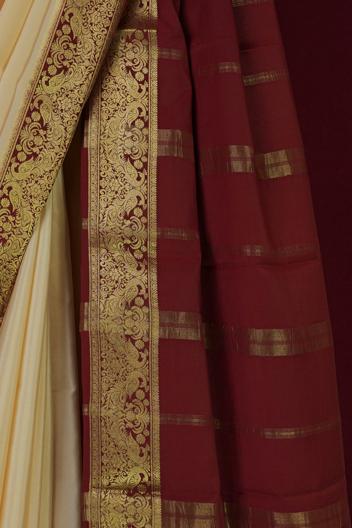 PURE MYSORE SILK SAREE IN CREAM & MAROON WITH GOLD LACE ZARI & MAROON BLOUSE