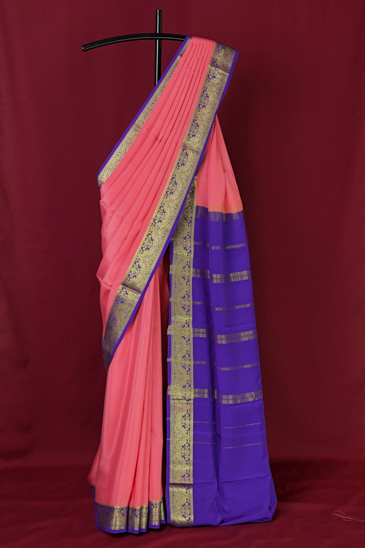 PURE MYSORE SILK SAREE IN BABY PINK & PURPLE WITH GOLD LACE ZARI & PURPLE BLOUSE